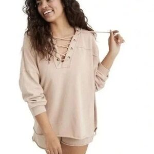 Aerie cotton blend cross tied Oversize weekend sweatshirt in size xs